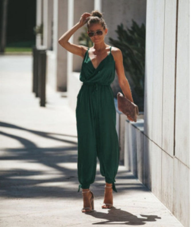 Printed sexy backless tether pocket sling V-neck  jumpsuit