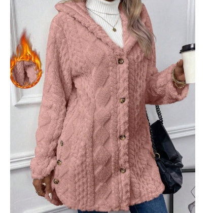 Hooded Solid Color Cardigan Button Long Sleeve Coat