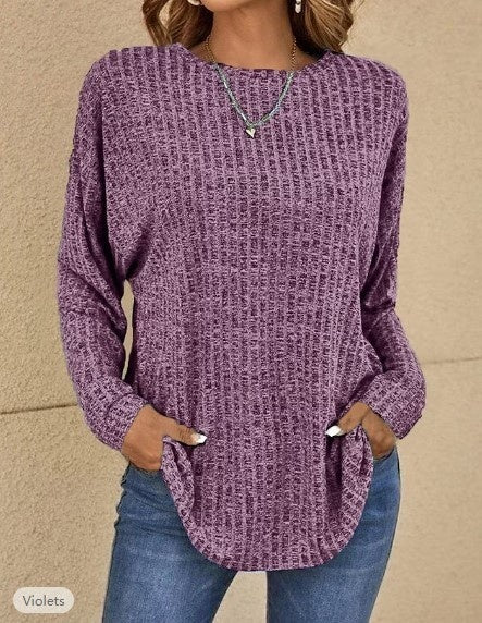 Knitted Sweater Round Neck Sunken Stripe Top Long Sleeve Loose