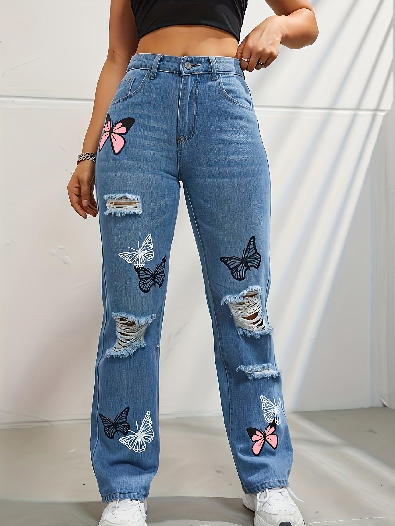 High Waisted Straight Leg Jeans For Women Trendy Butterfly Print Ripped Denim