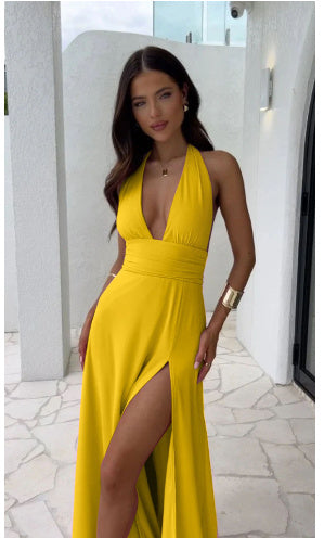 Sexy Halterneck V-neck Slit Dress Summer Backless Strappy Fashion