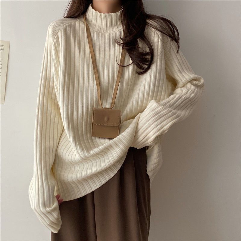 Idle Style Mock Neck Design Sense Loose Thick Inner Sweater