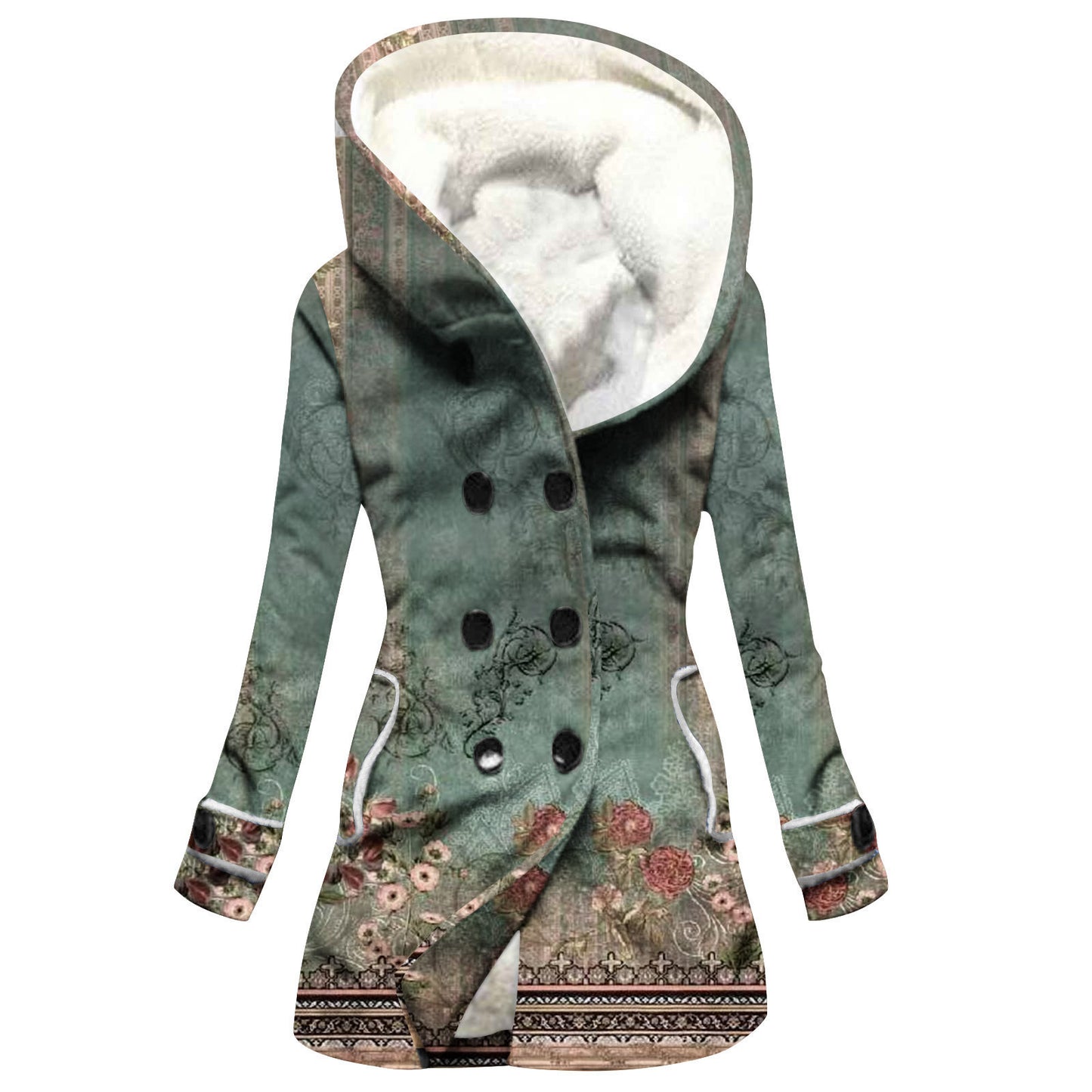 Women's Windbreaker Winter Thickened Imitation Lamb Stitching Floral Hooded