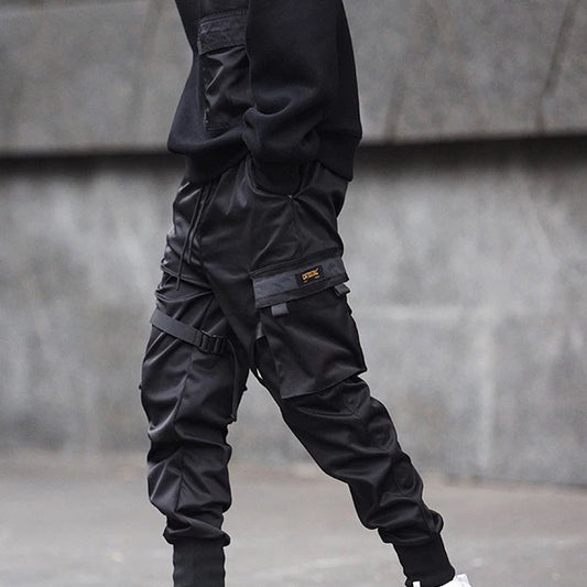 Hot Sale Men Black Hip Hop Cargo Pants Elastic Waist Jogger Trousers Sweatpants Pockets