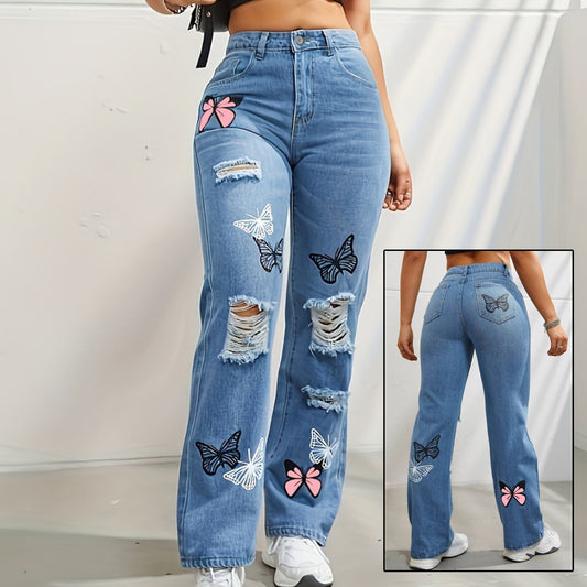 High Waisted Straight Leg Jeans For Women Trendy Butterfly Print Ripped Denim