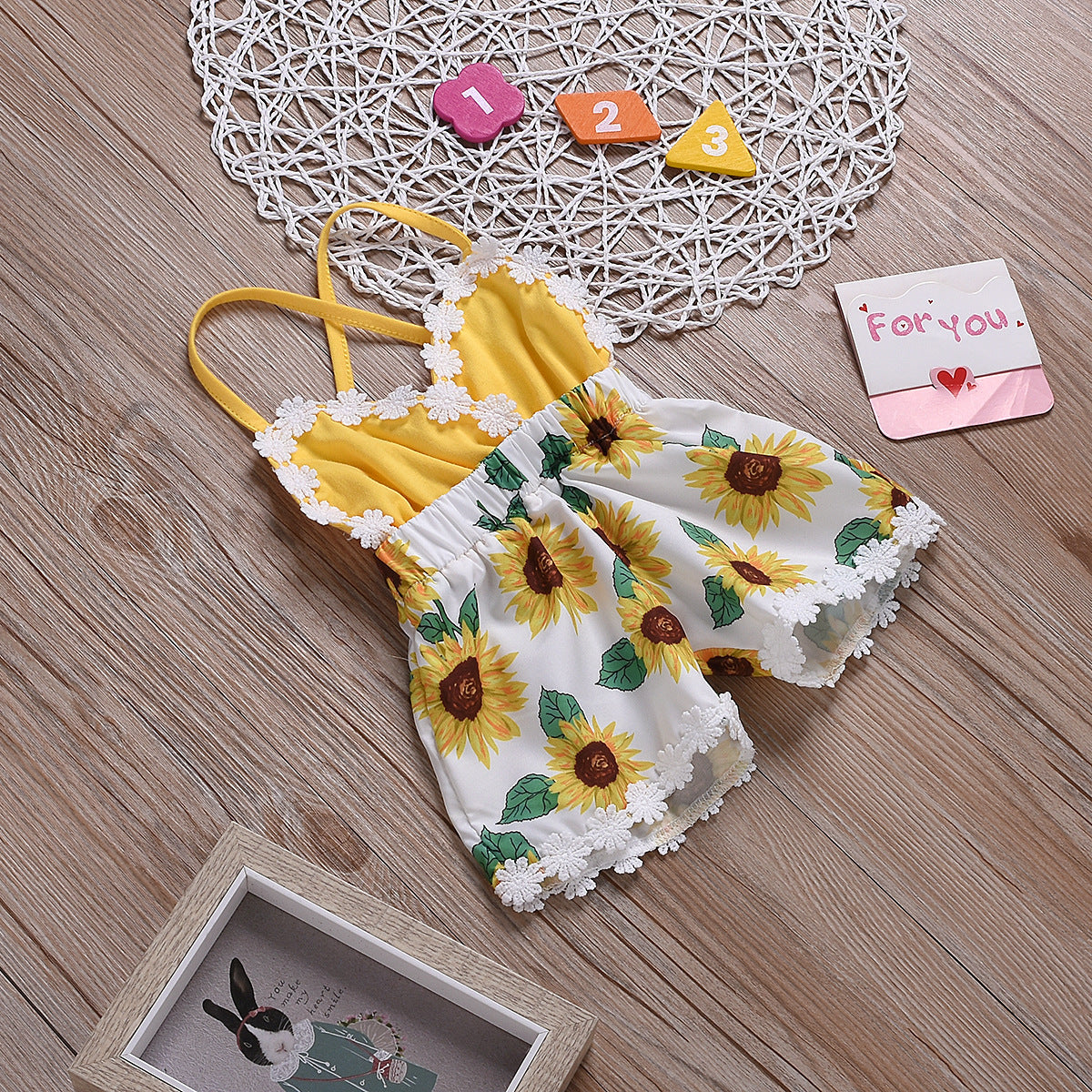 Girls Baby Jumpsuits Sunflower Sling Lace Jumpsuit